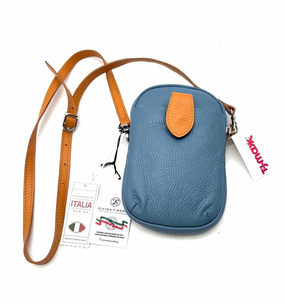 Belissimo Slate Blue/Tan Pebbled Leather NEW Purses Crossbody